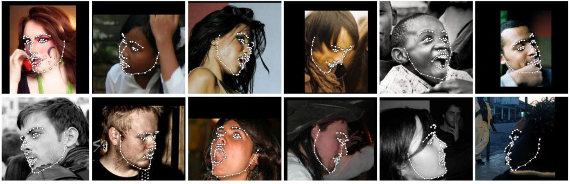 2D-FAN landmark predictions on twelve faces with varied poses, lighting and partial occlusions.